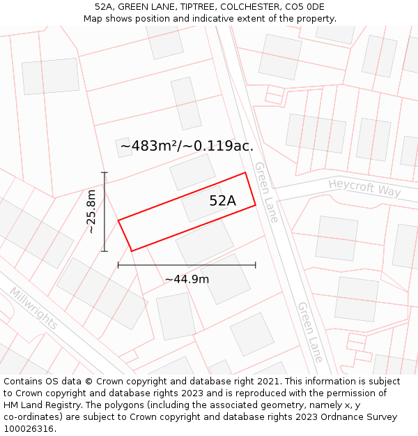 52A, GREEN LANE, TIPTREE, COLCHESTER, CO5 0DE: Plot and title map