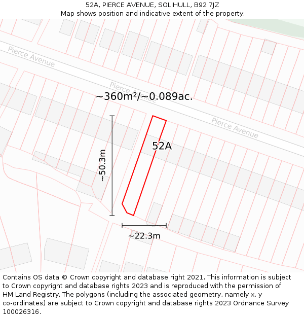 52A, PIERCE AVENUE, SOLIHULL, B92 7JZ: Plot and title map