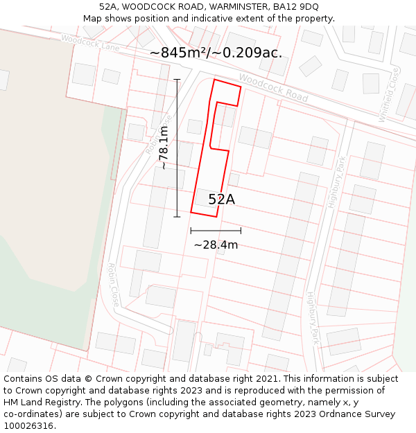 52A, WOODCOCK ROAD, WARMINSTER, BA12 9DQ: Plot and title map