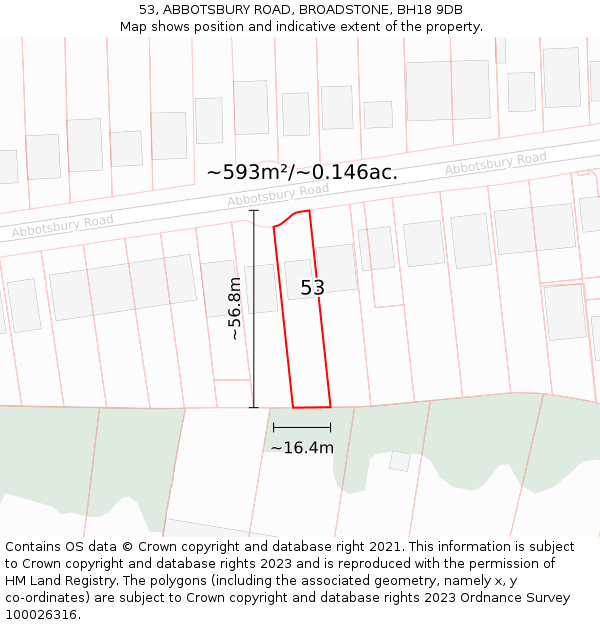53, ABBOTSBURY ROAD, BROADSTONE, BH18 9DB: Plot and title map