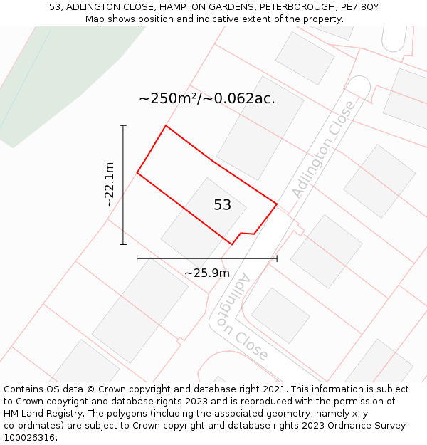 53, ADLINGTON CLOSE, HAMPTON GARDENS, PETERBOROUGH, PE7 8QY: Plot and title map