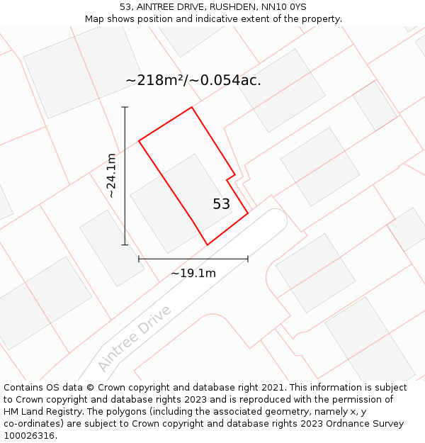 53, AINTREE DRIVE, RUSHDEN, NN10 0YS: Plot and title map