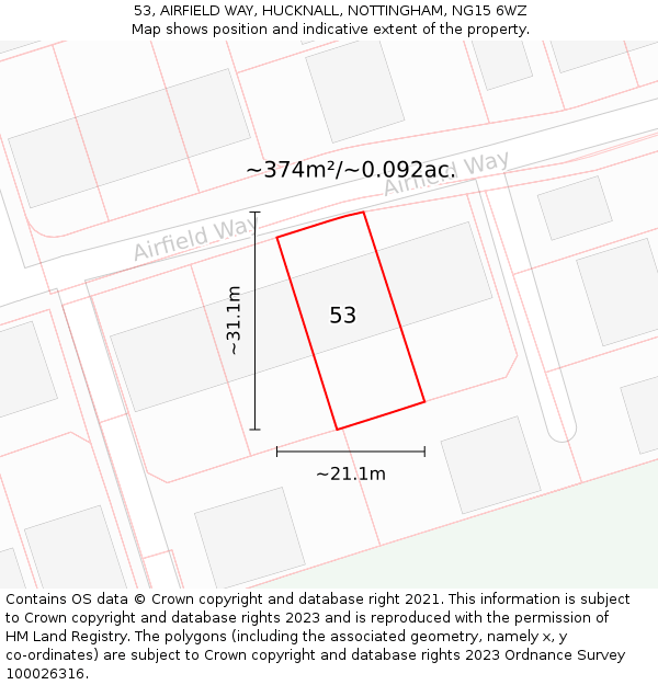 53, AIRFIELD WAY, HUCKNALL, NOTTINGHAM, NG15 6WZ: Plot and title map