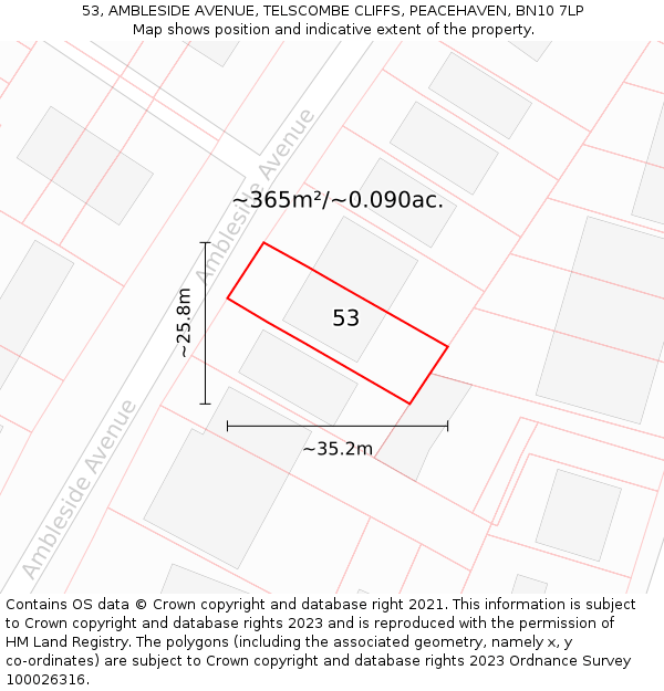 53, AMBLESIDE AVENUE, TELSCOMBE CLIFFS, PEACEHAVEN, BN10 7LP: Plot and title map