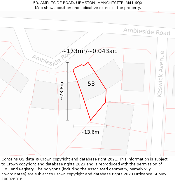 53, AMBLESIDE ROAD, URMSTON, MANCHESTER, M41 6QX: Plot and title map
