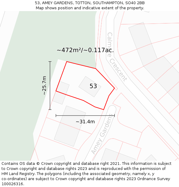 53, AMEY GARDENS, TOTTON, SOUTHAMPTON, SO40 2BB: Plot and title map
