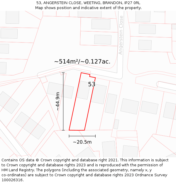 53, ANGERSTEIN CLOSE, WEETING, BRANDON, IP27 0RL: Plot and title map