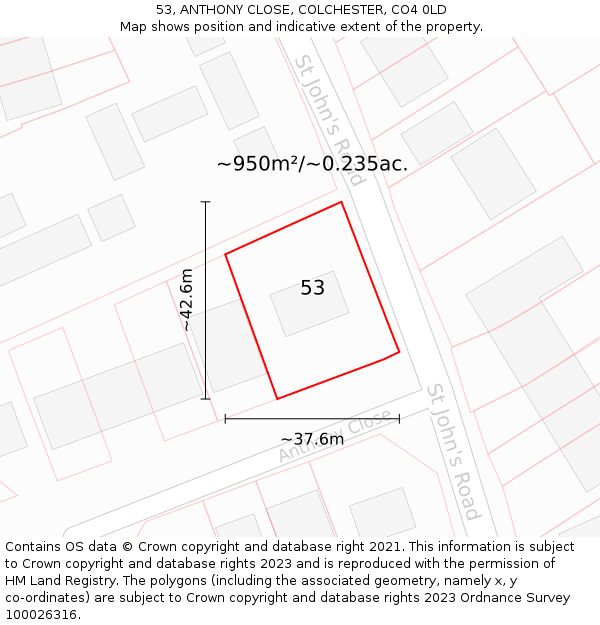 53, ANTHONY CLOSE, COLCHESTER, CO4 0LD: Plot and title map