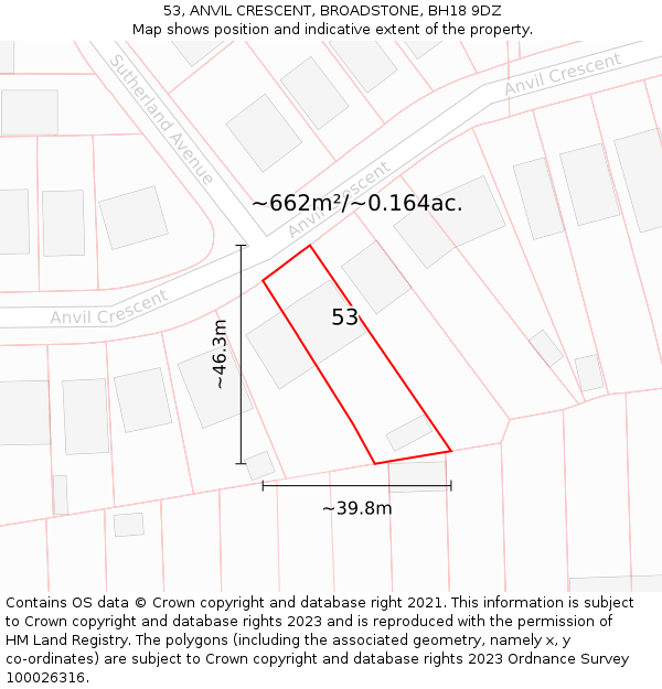 53, ANVIL CRESCENT, BROADSTONE, BH18 9DZ: Plot and title map