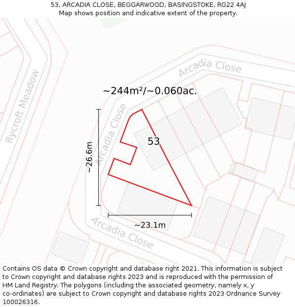 53, ARCADIA CLOSE, BEGGARWOOD, BASINGSTOKE, RG22 4AJ: Plot and title map