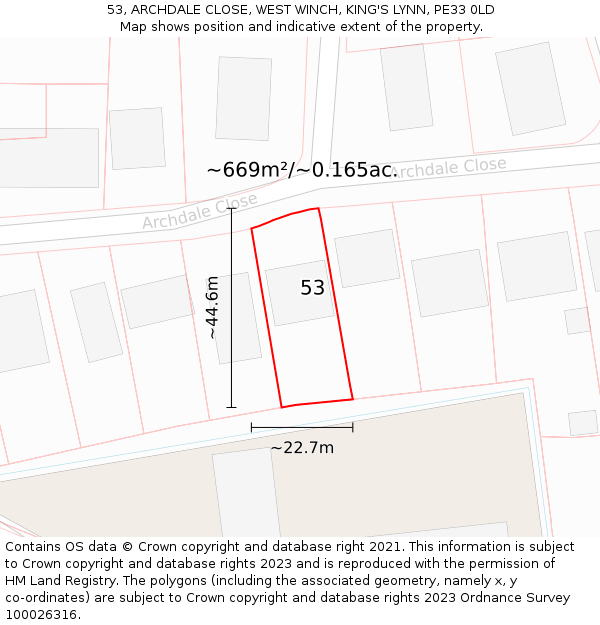 53, ARCHDALE CLOSE, WEST WINCH, KING'S LYNN, PE33 0LD: Plot and title map