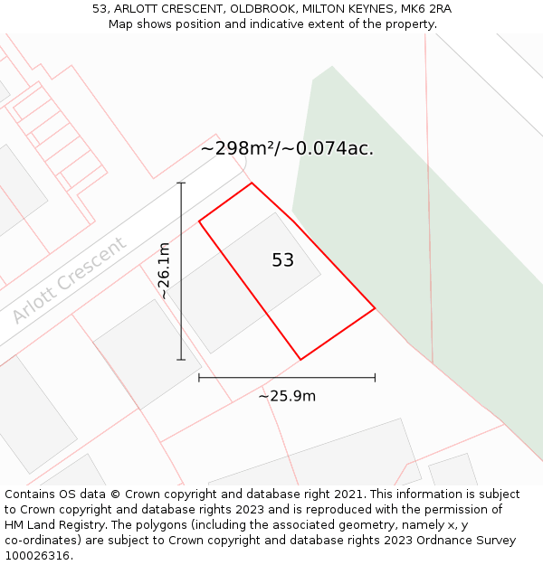 53, ARLOTT CRESCENT, OLDBROOK, MILTON KEYNES, MK6 2RA: Plot and title map