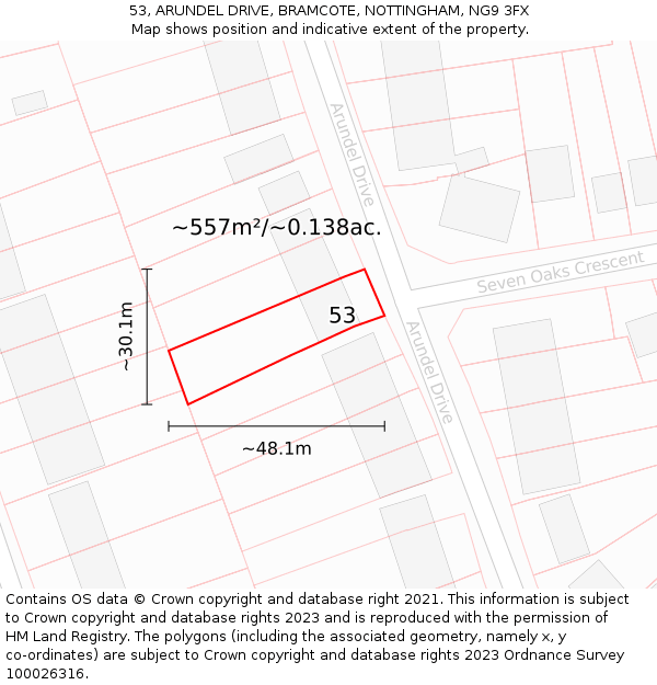 53, ARUNDEL DRIVE, BRAMCOTE, NOTTINGHAM, NG9 3FX: Plot and title map
