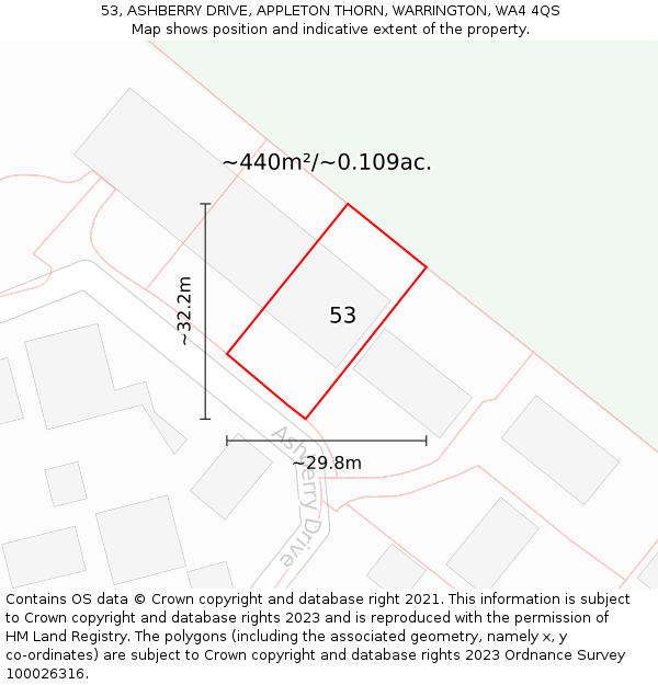 53, ASHBERRY DRIVE, APPLETON THORN, WARRINGTON, WA4 4QS: Plot and title map