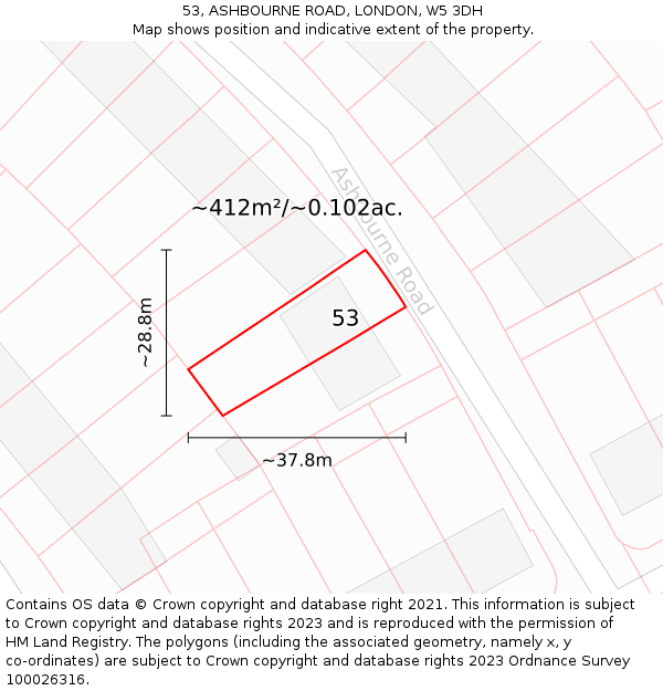53, ASHBOURNE ROAD, LONDON, W5 3DH: Plot and title map