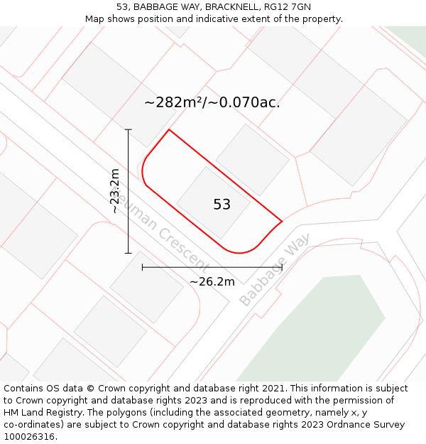 53, BABBAGE WAY, BRACKNELL, RG12 7GN: Plot and title map