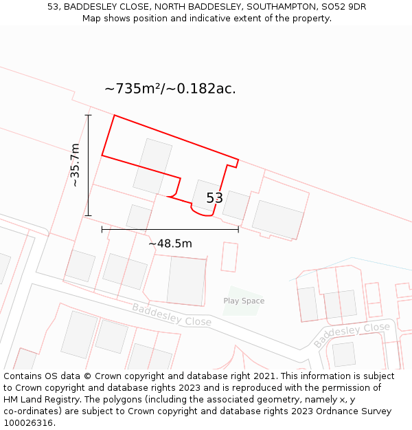 53, BADDESLEY CLOSE, NORTH BADDESLEY, SOUTHAMPTON, SO52 9DR: Plot and title map