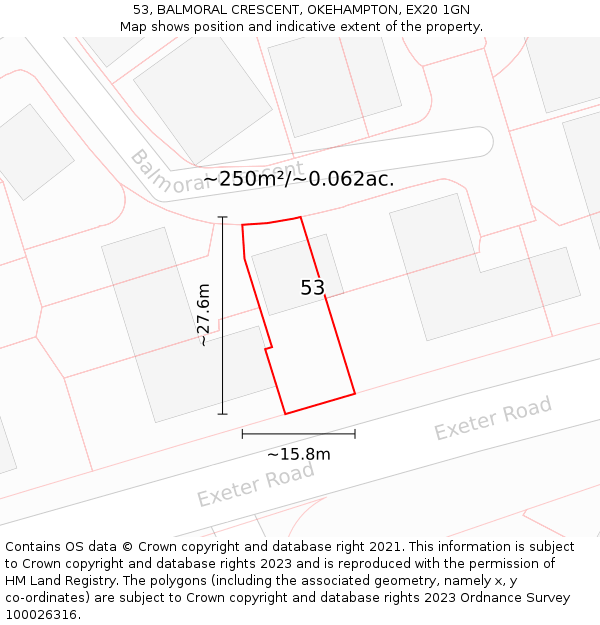 53, BALMORAL CRESCENT, OKEHAMPTON, EX20 1GN: Plot and title map