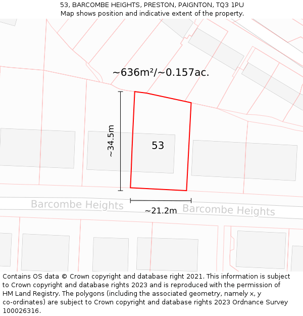53, BARCOMBE HEIGHTS, PRESTON, PAIGNTON, TQ3 1PU: Plot and title map