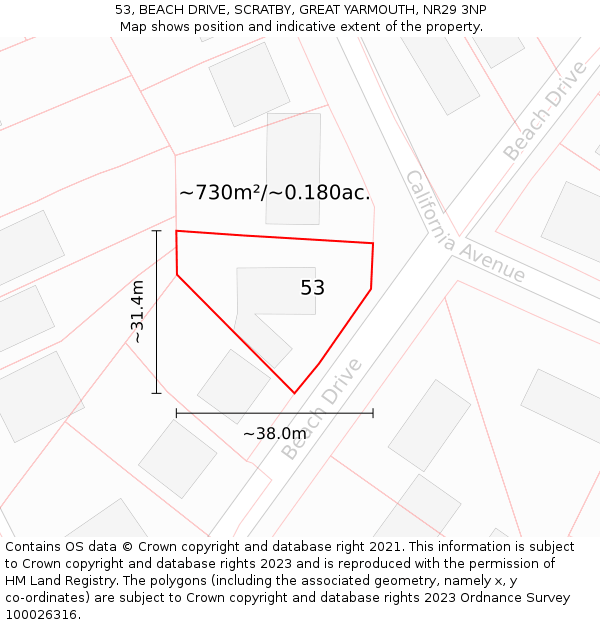 53, BEACH DRIVE, SCRATBY, GREAT YARMOUTH, NR29 3NP: Plot and title map