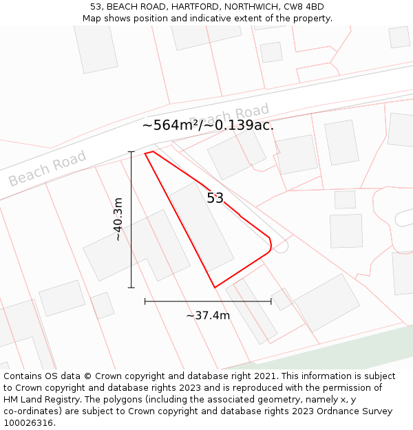 53, BEACH ROAD, HARTFORD, NORTHWICH, CW8 4BD: Plot and title map