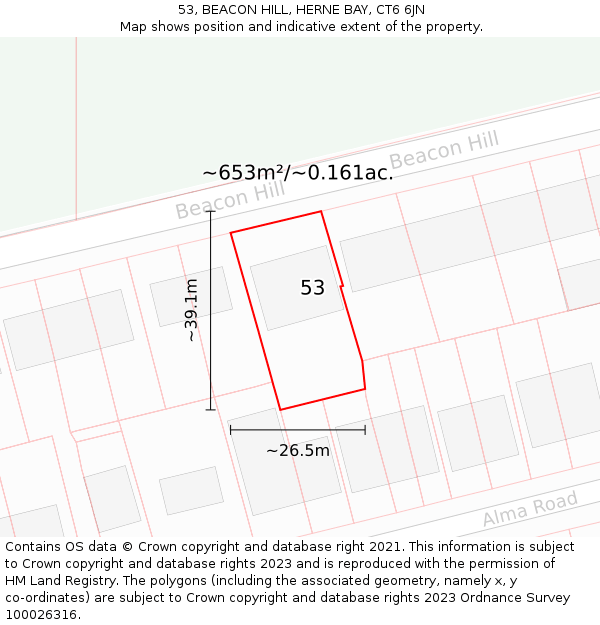 53, BEACON HILL, HERNE BAY, CT6 6JN: Plot and title map