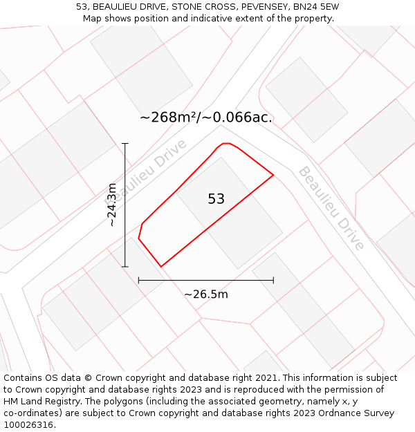 53, BEAULIEU DRIVE, STONE CROSS, PEVENSEY, BN24 5EW: Plot and title map