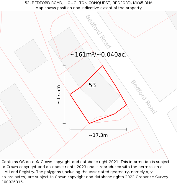 53, BEDFORD ROAD, HOUGHTON CONQUEST, BEDFORD, MK45 3NA: Plot and title map