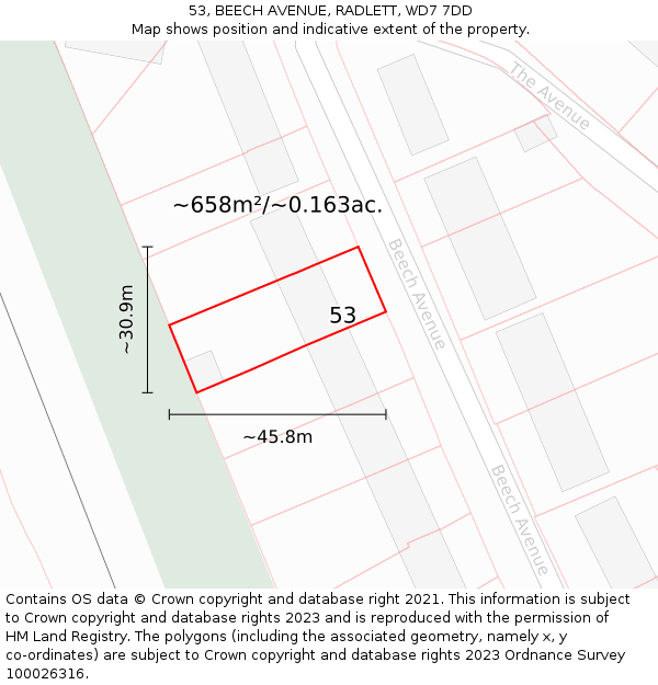53, BEECH AVENUE, RADLETT, WD7 7DD: Plot and title map