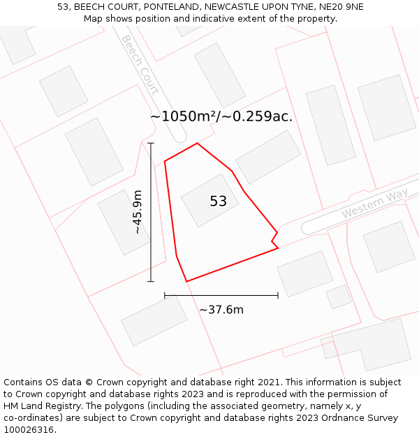 53, BEECH COURT, PONTELAND, NEWCASTLE UPON TYNE, NE20 9NE: Plot and title map