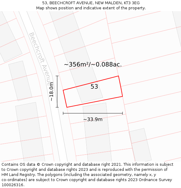 53, BEECHCROFT AVENUE, NEW MALDEN, KT3 3EG: Plot and title map