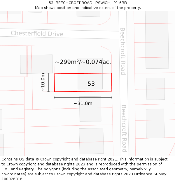 53, BEECHCROFT ROAD, IPSWICH, IP1 6BB: Plot and title map