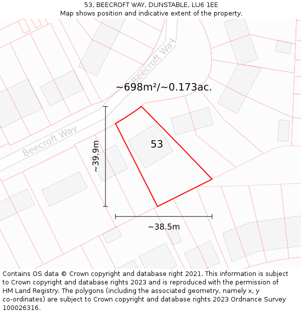 53, BEECROFT WAY, DUNSTABLE, LU6 1EE: Plot and title map