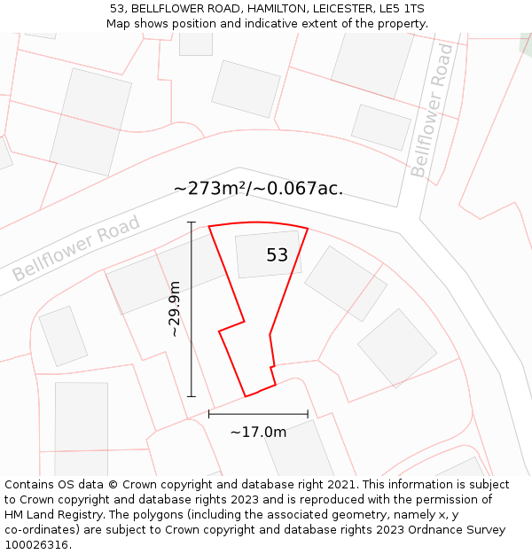 53, BELLFLOWER ROAD, HAMILTON, LEICESTER, LE5 1TS: Plot and title map