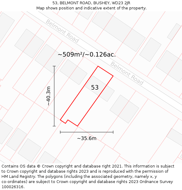 53, BELMONT ROAD, BUSHEY, WD23 2JR: Plot and title map
