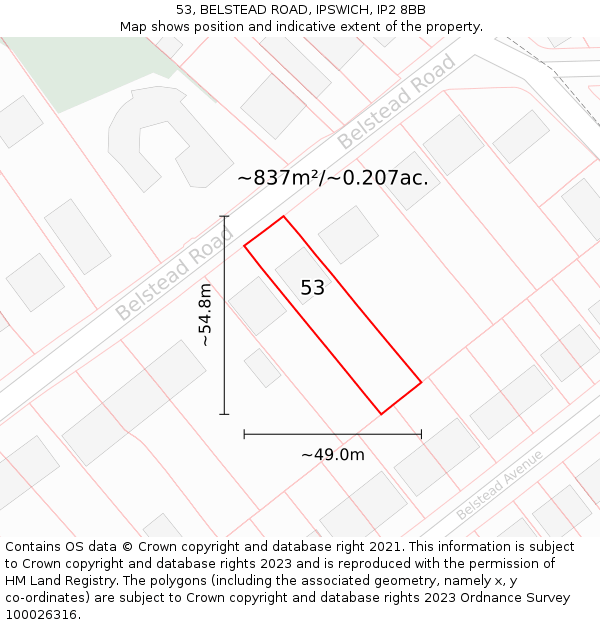 53, BELSTEAD ROAD, IPSWICH, IP2 8BB: Plot and title map