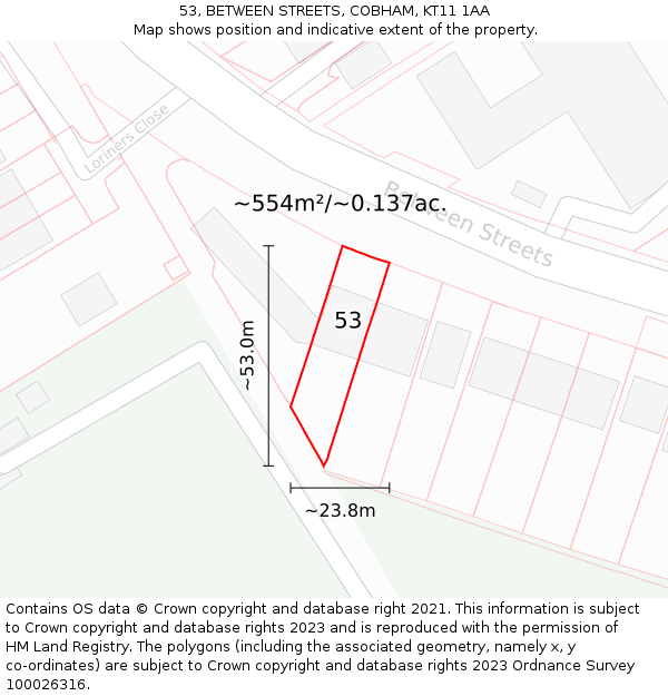 53, BETWEEN STREETS, COBHAM, KT11 1AA: Plot and title map