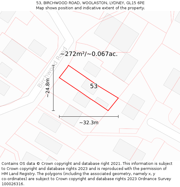 53, BIRCHWOOD ROAD, WOOLASTON, LYDNEY, GL15 6PE: Plot and title map