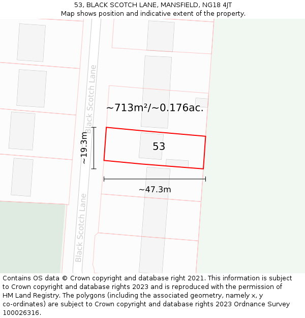 53, BLACK SCOTCH LANE, MANSFIELD, NG18 4JT: Plot and title map