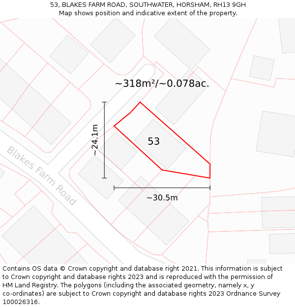 53, BLAKES FARM ROAD, SOUTHWATER, HORSHAM, RH13 9GH: Plot and title map