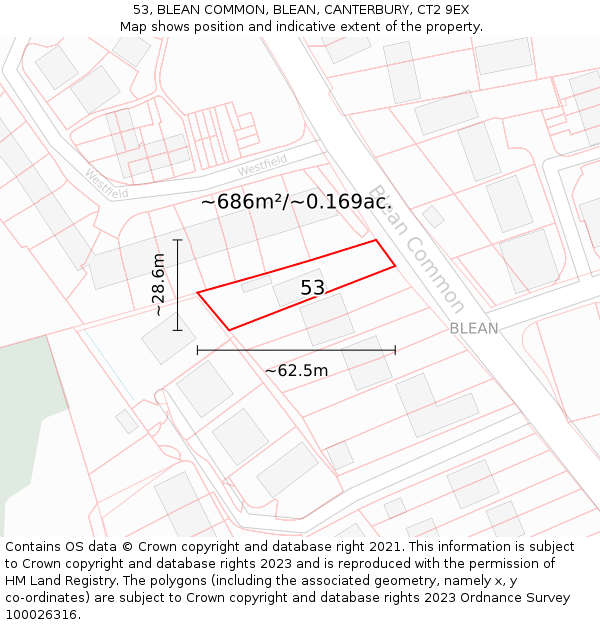 53, BLEAN COMMON, BLEAN, CANTERBURY, CT2 9EX: Plot and title map