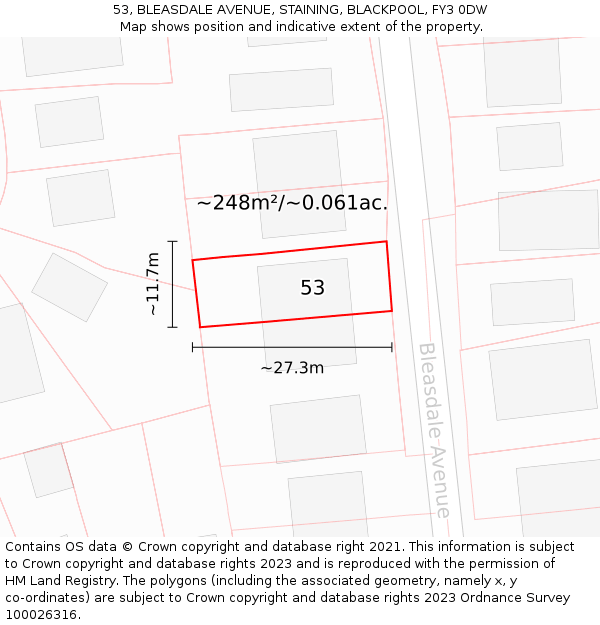 53, BLEASDALE AVENUE, STAINING, BLACKPOOL, FY3 0DW: Plot and title map