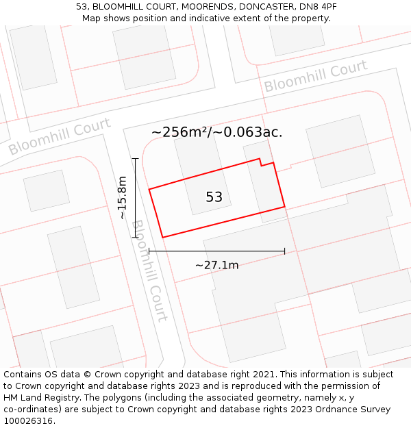 53, BLOOMHILL COURT, MOORENDS, DONCASTER, DN8 4PF: Plot and title map