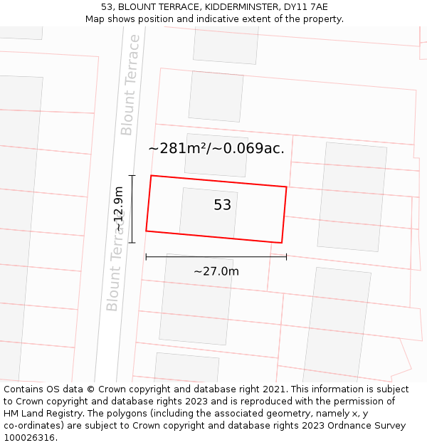 53, BLOUNT TERRACE, KIDDERMINSTER, DY11 7AE: Plot and title map