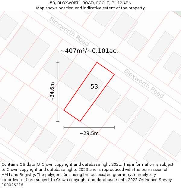 53, BLOXWORTH ROAD, POOLE, BH12 4BN: Plot and title map