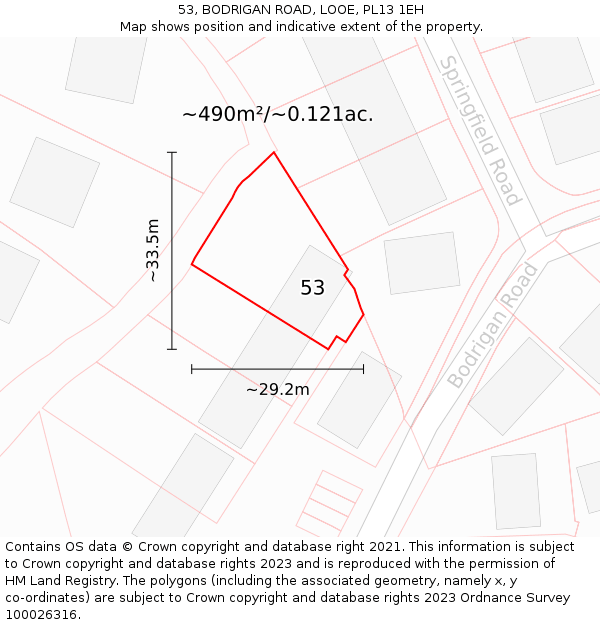 53, BODRIGAN ROAD, LOOE, PL13 1EH: Plot and title map