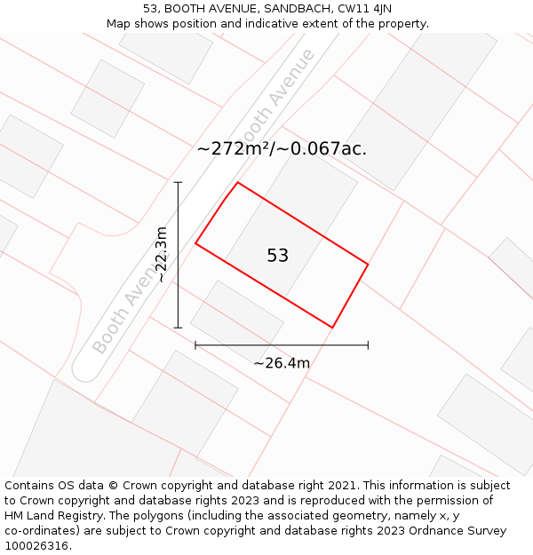53, BOOTH AVENUE, SANDBACH, CW11 4JN: Plot and title map