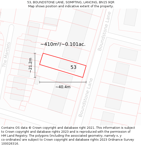 53, BOUNDSTONE LANE, SOMPTING, LANCING, BN15 9QR: Plot and title map