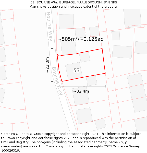 53, BOURNE WAY, BURBAGE, MARLBOROUGH, SN8 3FS: Plot and title map