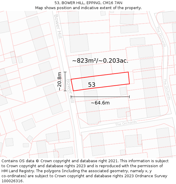 53, BOWER HILL, EPPING, CM16 7AN: Plot and title map